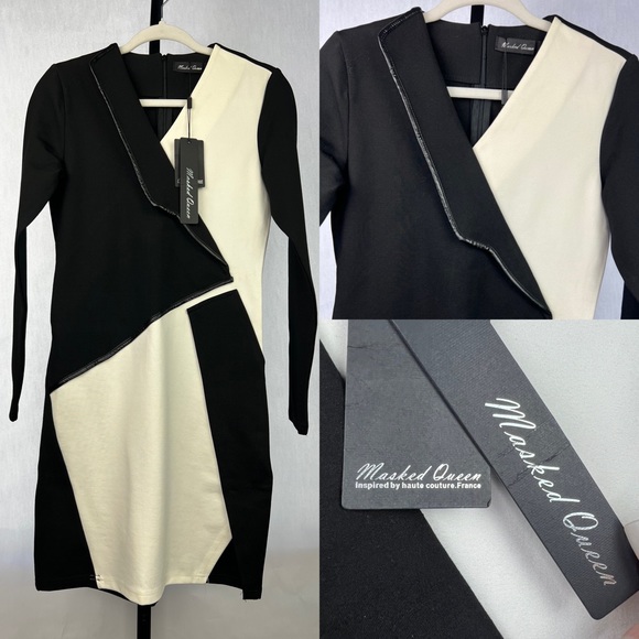 Masked Queen Dresses & Skirts - Masked Queen Black Off White Faux Leather Trim Asymmetrical Bodycon Dress - NWT
